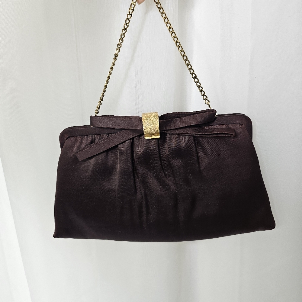 Vintage After Five by L&M Evening Bag/Clutch Brown Satin Gold Bow
